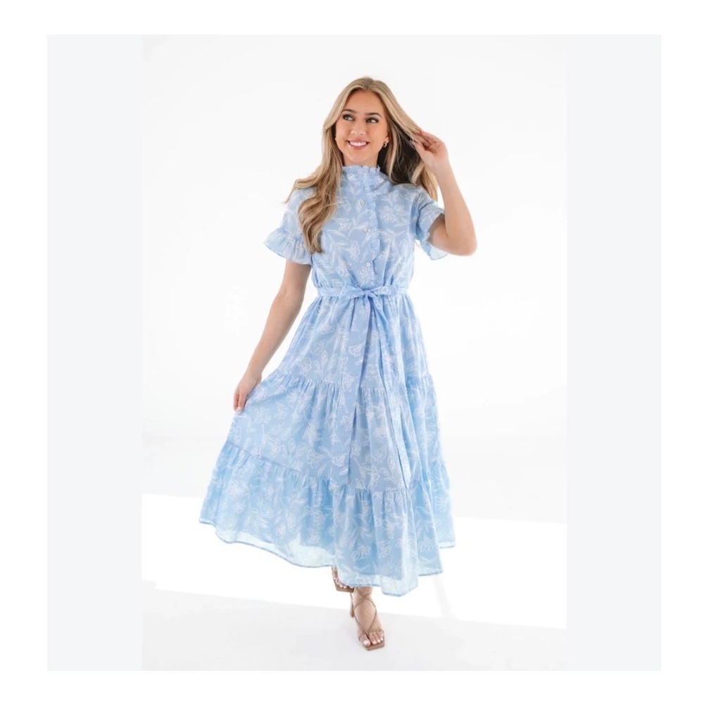 J Marie Floral Tiered Midi Dress Blue White Ruffle Neck Pockets Small